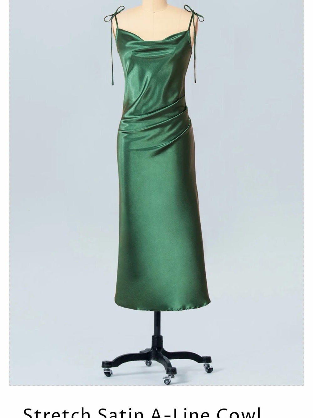 KF Bridal Dark Green Satin Slip Midi Dress with Tie Straps, Size Large